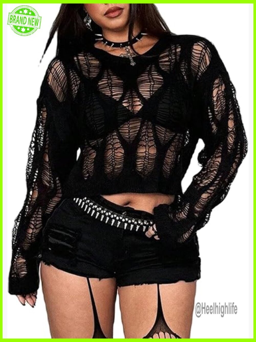 Plus Size Pullover Crew Neck Long Sleeve Lightweight Knit Ripped Goth Sweater